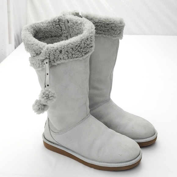 UGG Women's Plumdale Shearling Cuff Tall Suede Wool Lining Gray Boots Zip Size 7 - Picture 4 of 16
